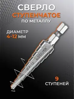 Сверло ступенчатое по металлу 4-12 мм, 9 ступеней, HSS