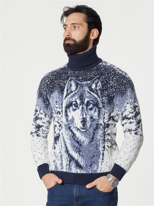 Свитер мужской пуловер на зиму теплый с горлом синий