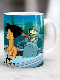 Кружка Футурама в джакузи. Бендер, Фрай, Лила, Эми. Futurama