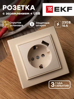 Розетка Минск 1-местная с USB, заземлением