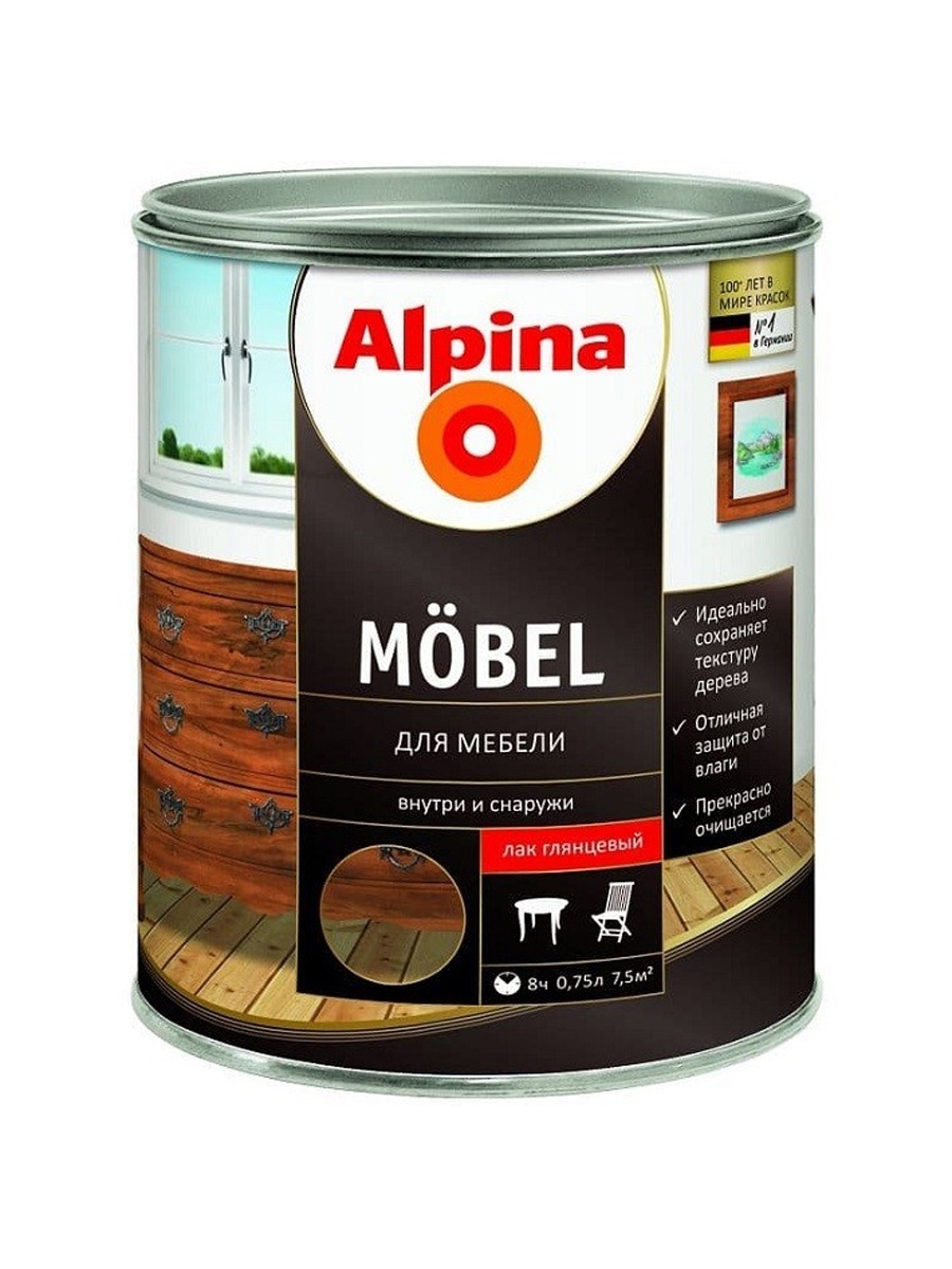 Лак для мебели купить. Alpina Möbel 0,75 л. Альпина Mobel. Лак черный Alpina. Мебельный лак для дерева.