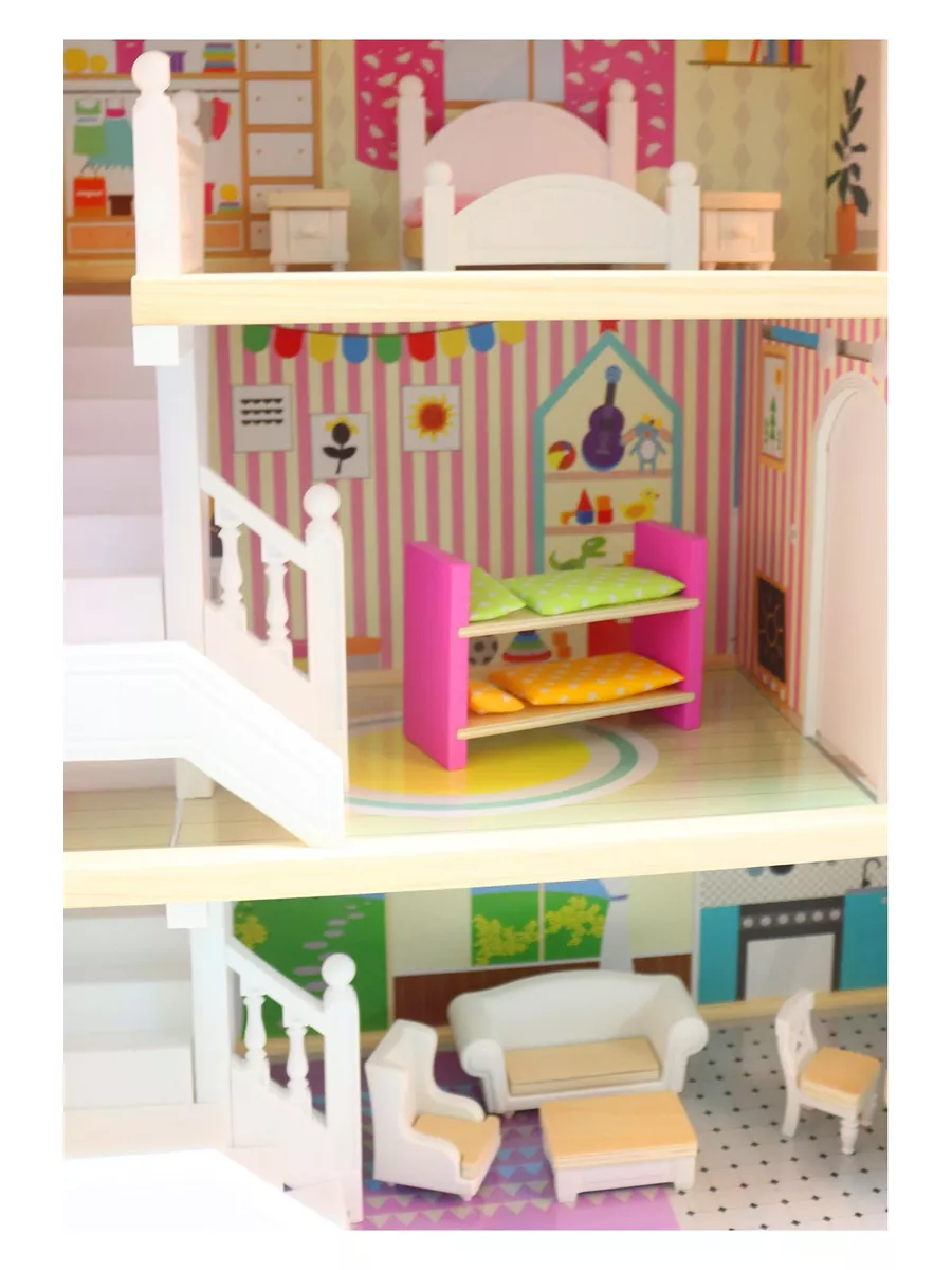 Большой детский деревянный кукольный домик DIY большой детский домик с мебелью - розовый