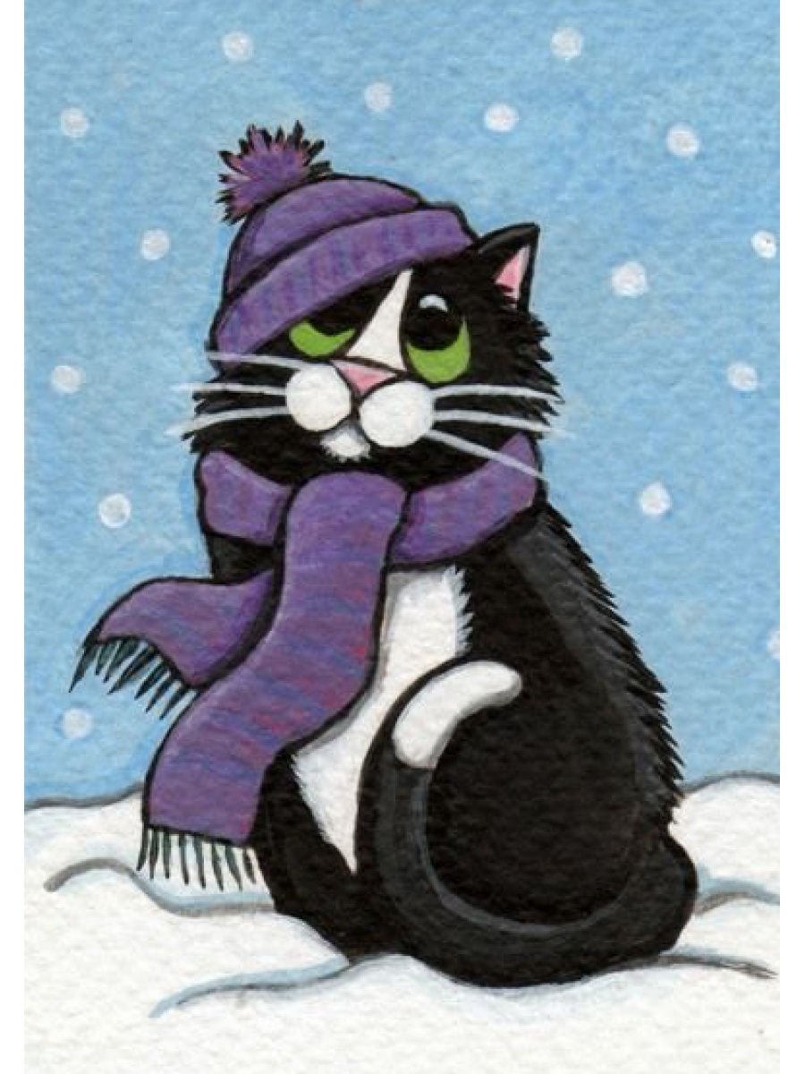 Зимний рисованный котик